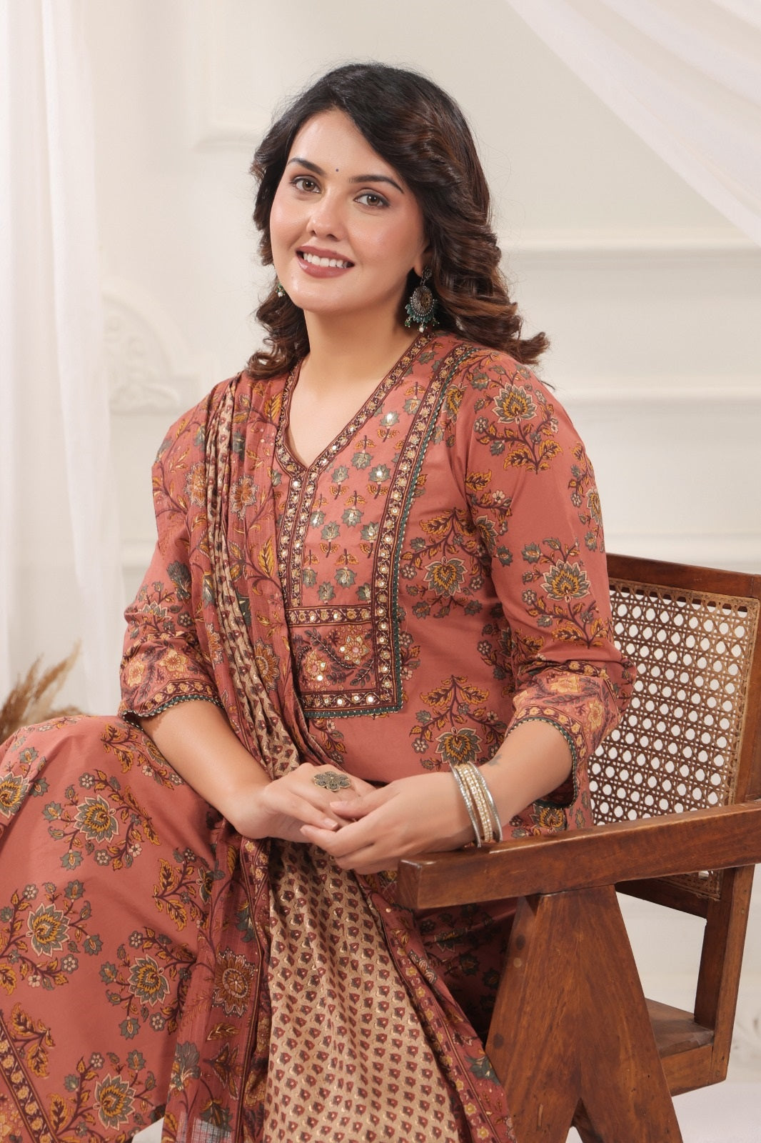 Mukta Peach Cotton Straight Salwar Suit Set With Kota Doria Dupatta For Women