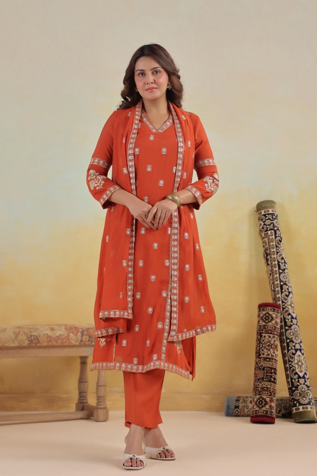Ruhaani Rust Mul Chanderi Kurta Set With Jari Embroidery & Lining