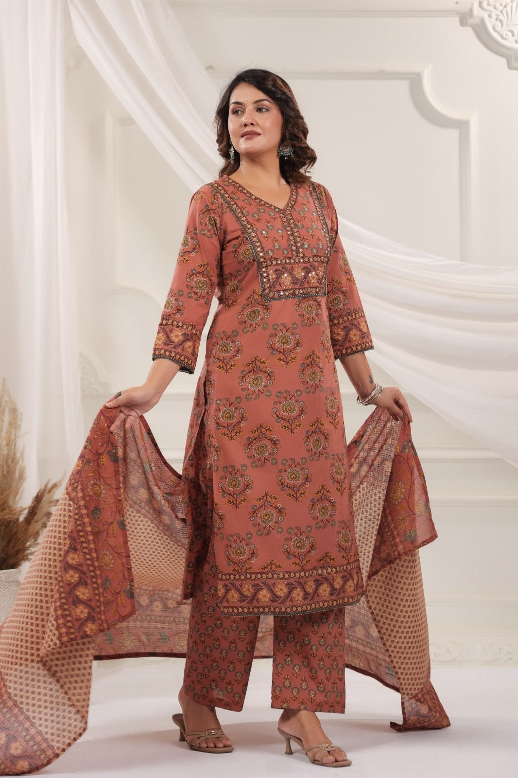 Mukta Peach Cotton Straight Salwar Suit Set With Kota Doria Dupatta For Women