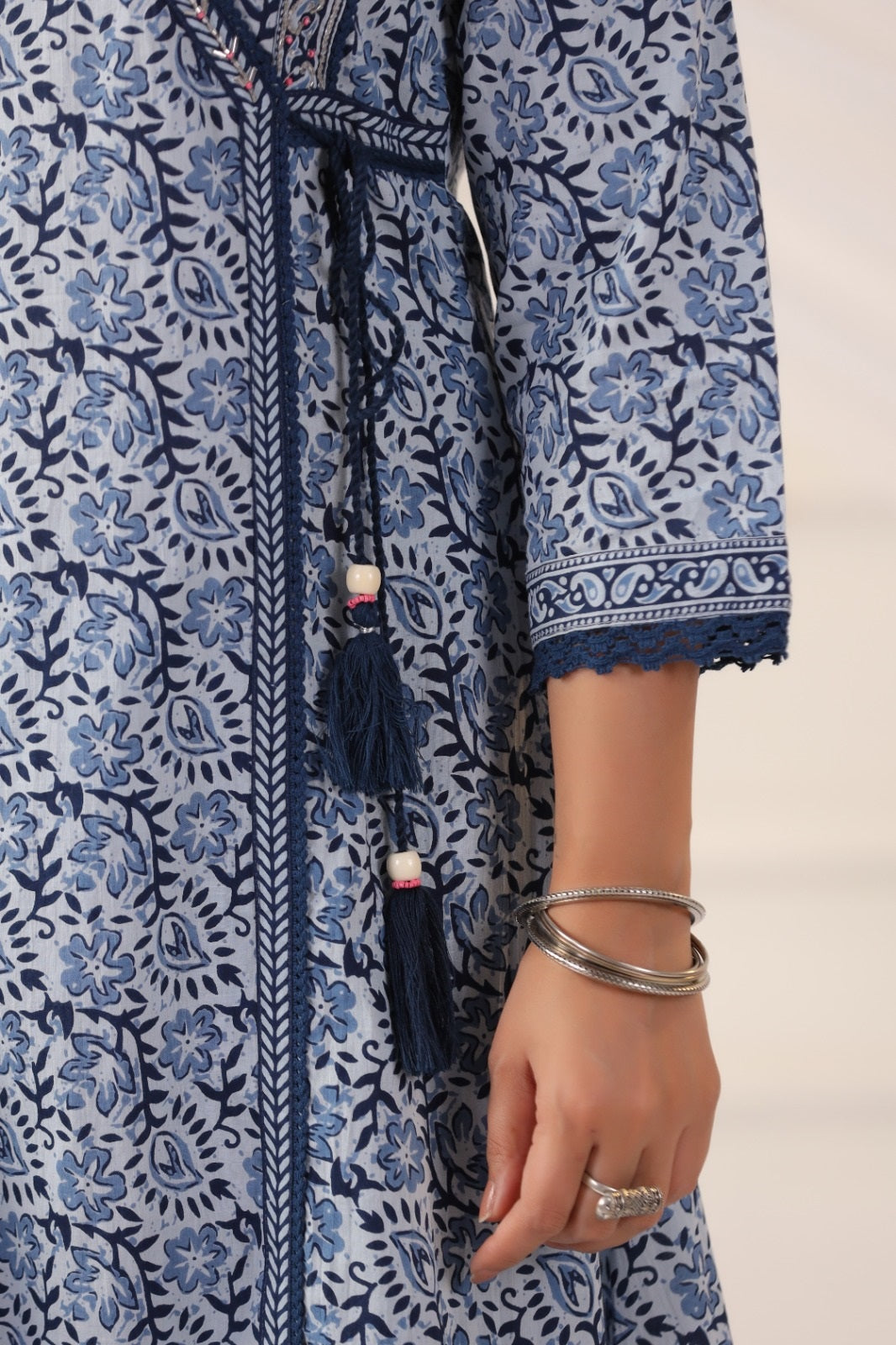 Maya Indigo Blue Cotton A Line Suit Set For Women