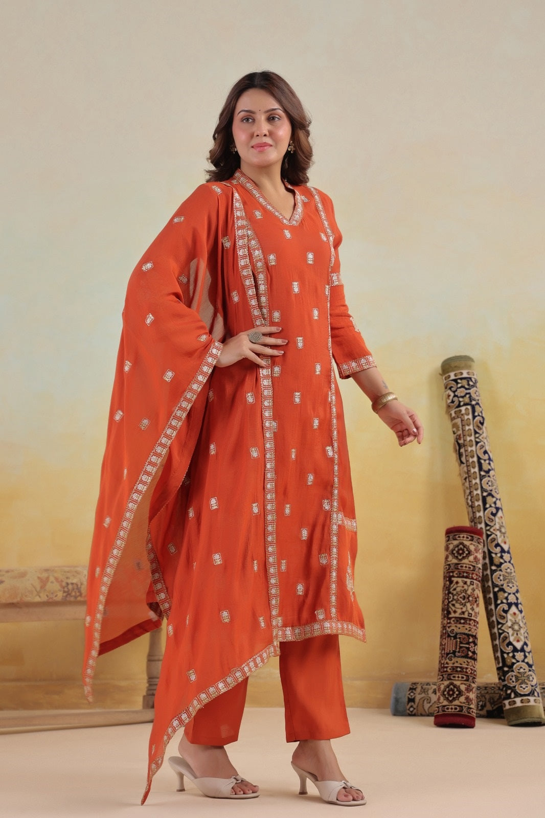 Ruhaani Rust Mul Chanderi Kurta Set With Jari Embroidery & Lining