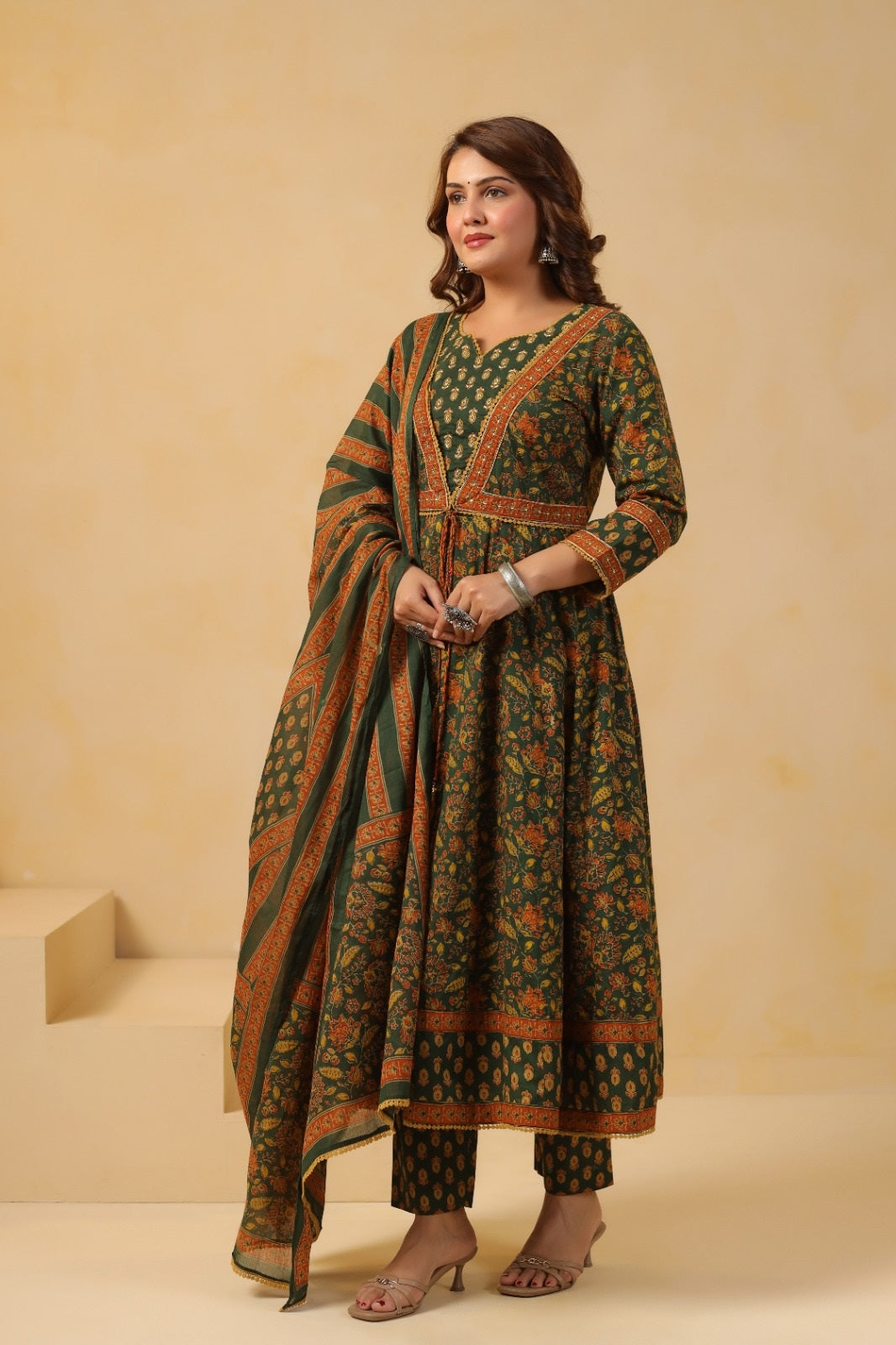 Zohra Green Premium Cotton Anarkali Suit Set