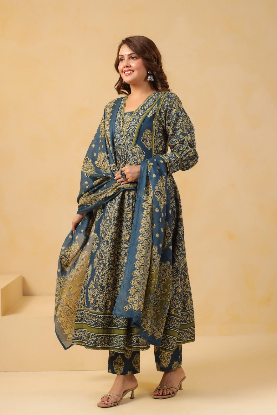 Sahiba Green Cotton Anarkali Suit Set