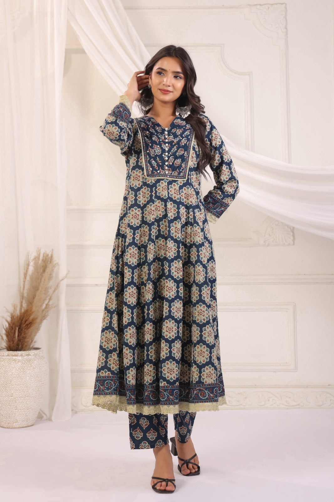 Akshara Blue Cotton Anarkali Suit Set For Women