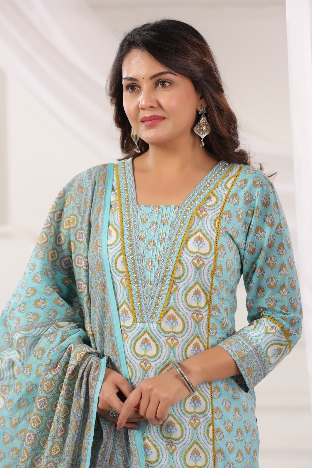 Kavya Aqua Blue Cotton Suit Set For Women