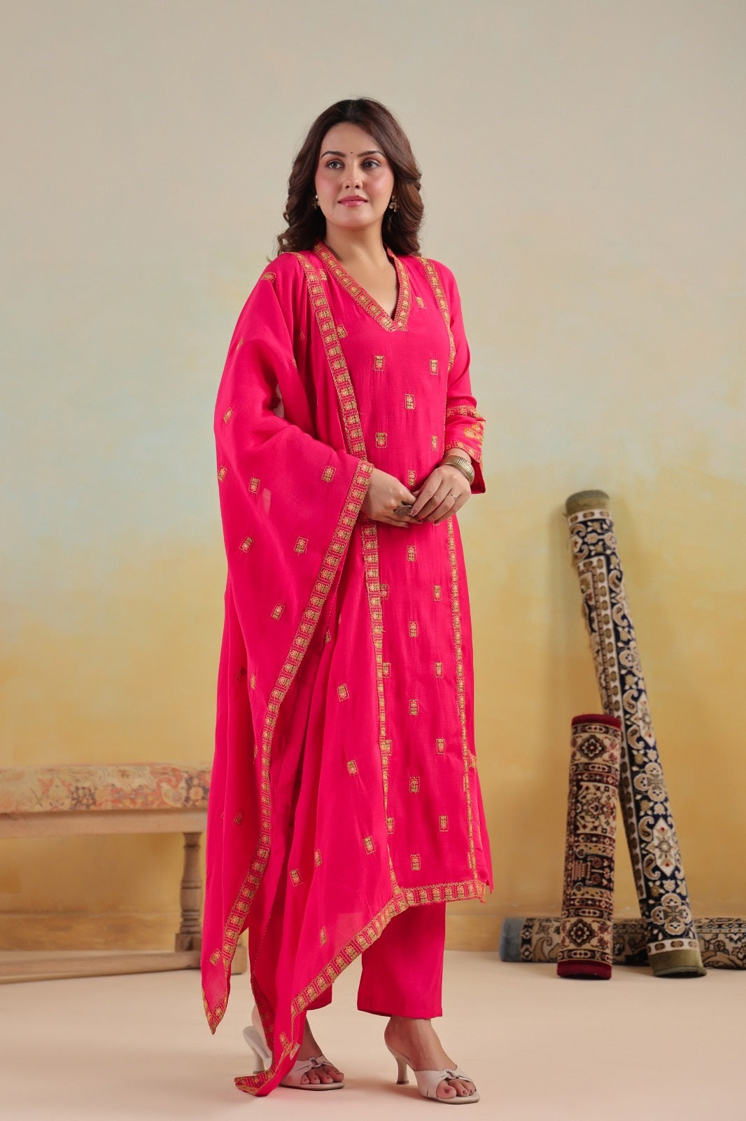 Rumi Rani Pink Mul Chanderi Kurta Set With Jari Embroidery & Lining