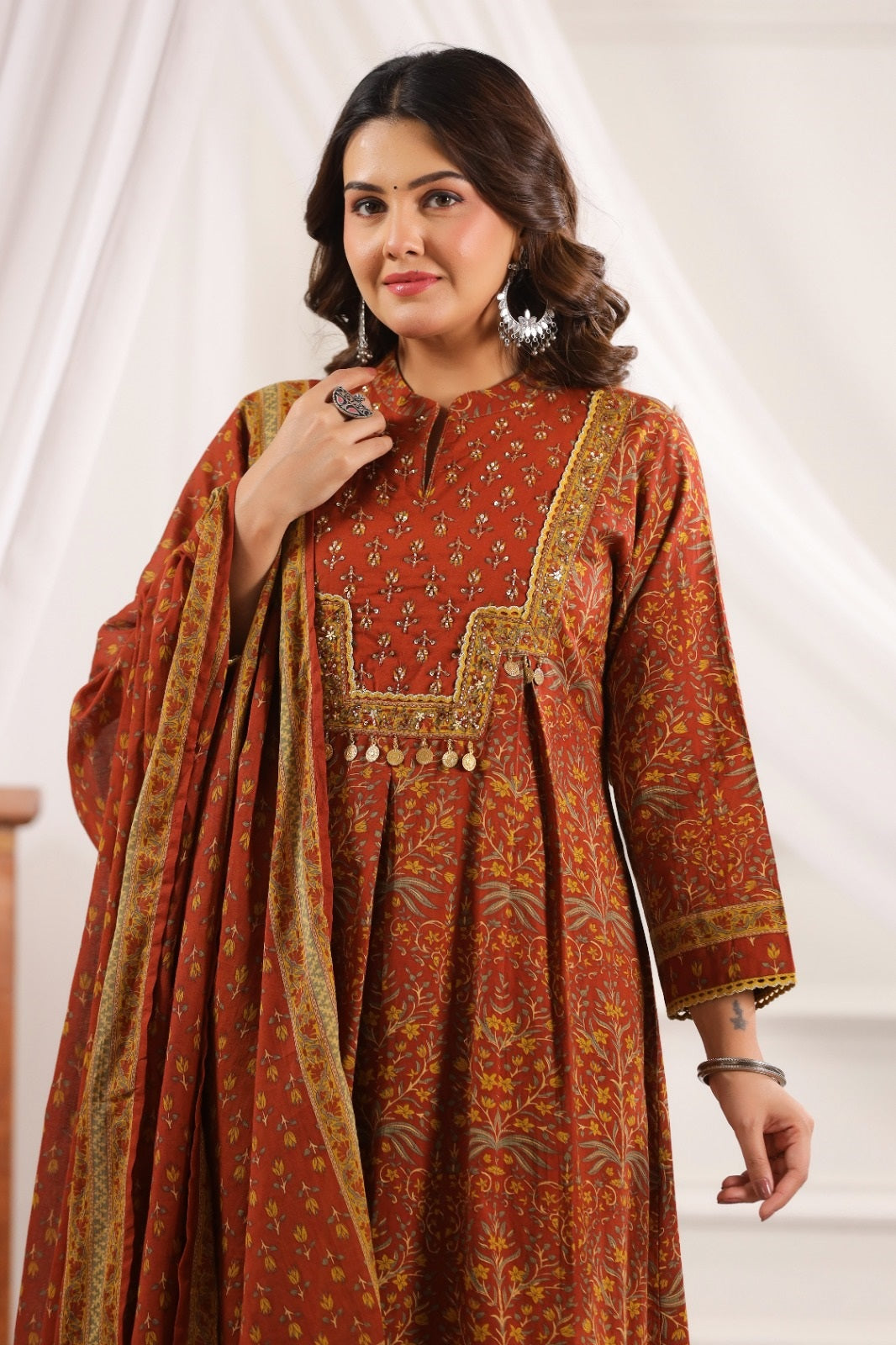 Adira Brown Cotton A Line Suit Set For Women