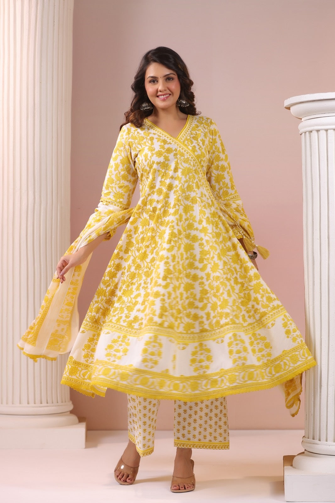 Trishala Yellow Cotton Anarkali Suit Set