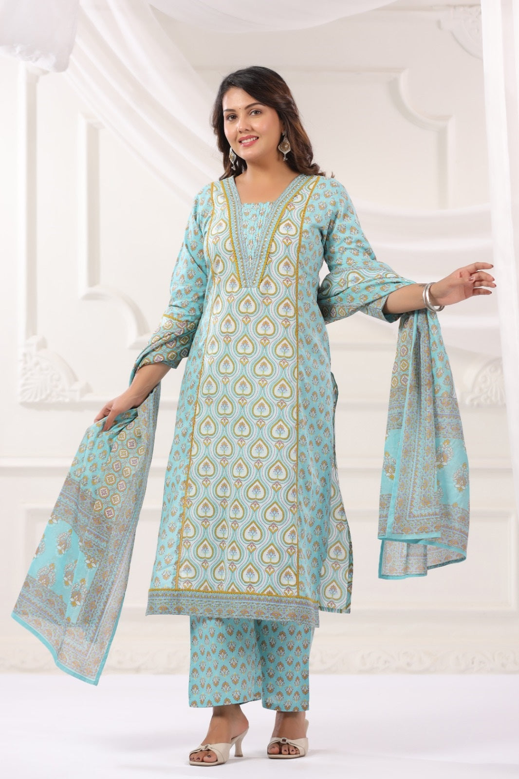 Kavya Aqua Blue Cotton Suit Set For Women