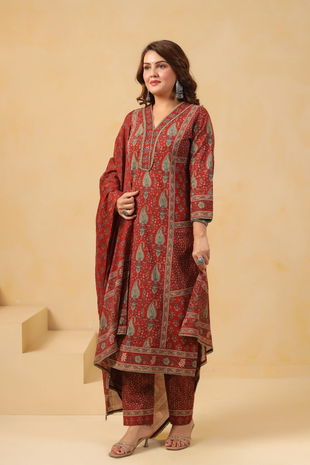 Bhagya Maroon Cotton Suit Set For Women