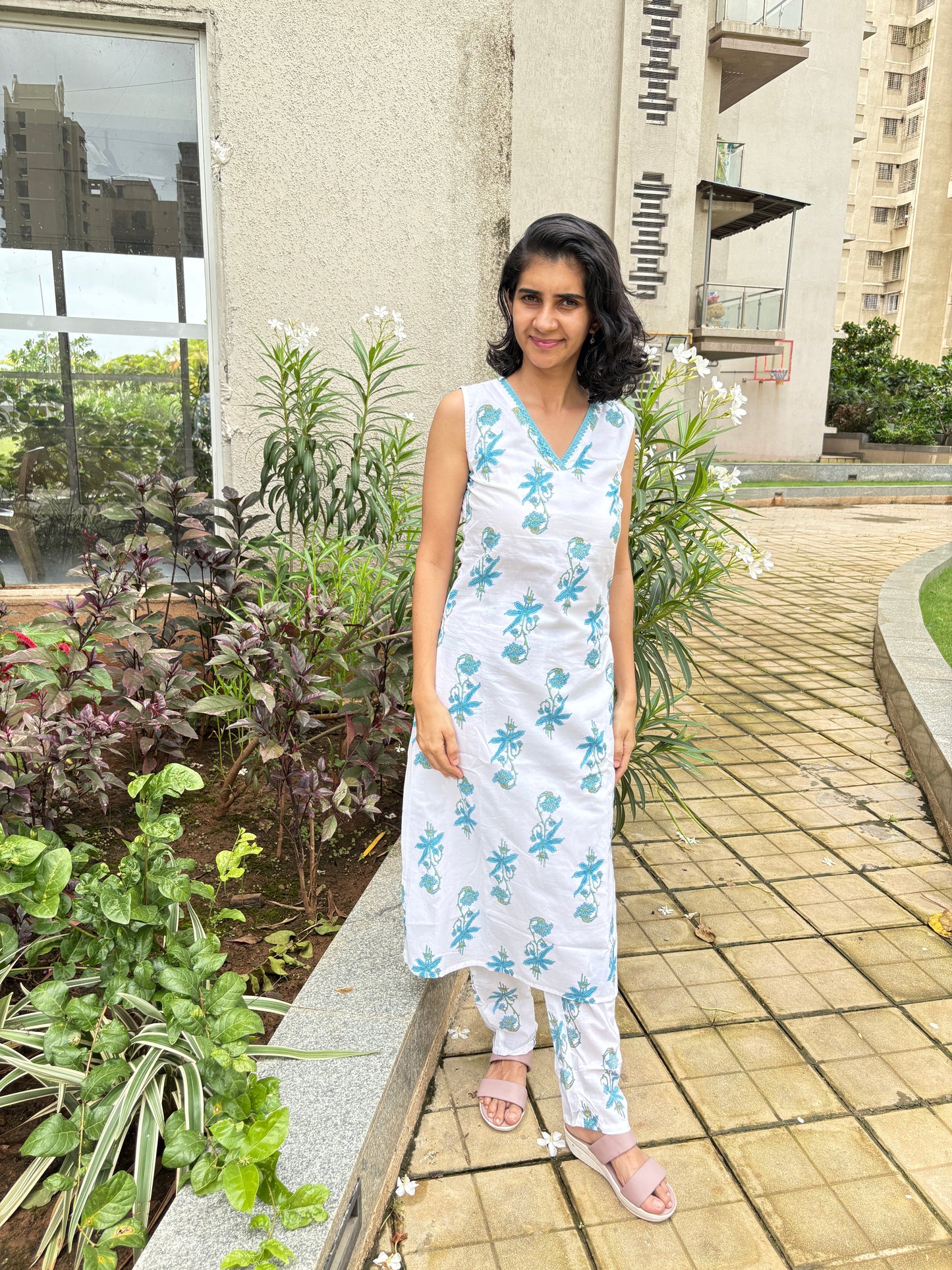 Phoolkari Blue Cotton Suit Set