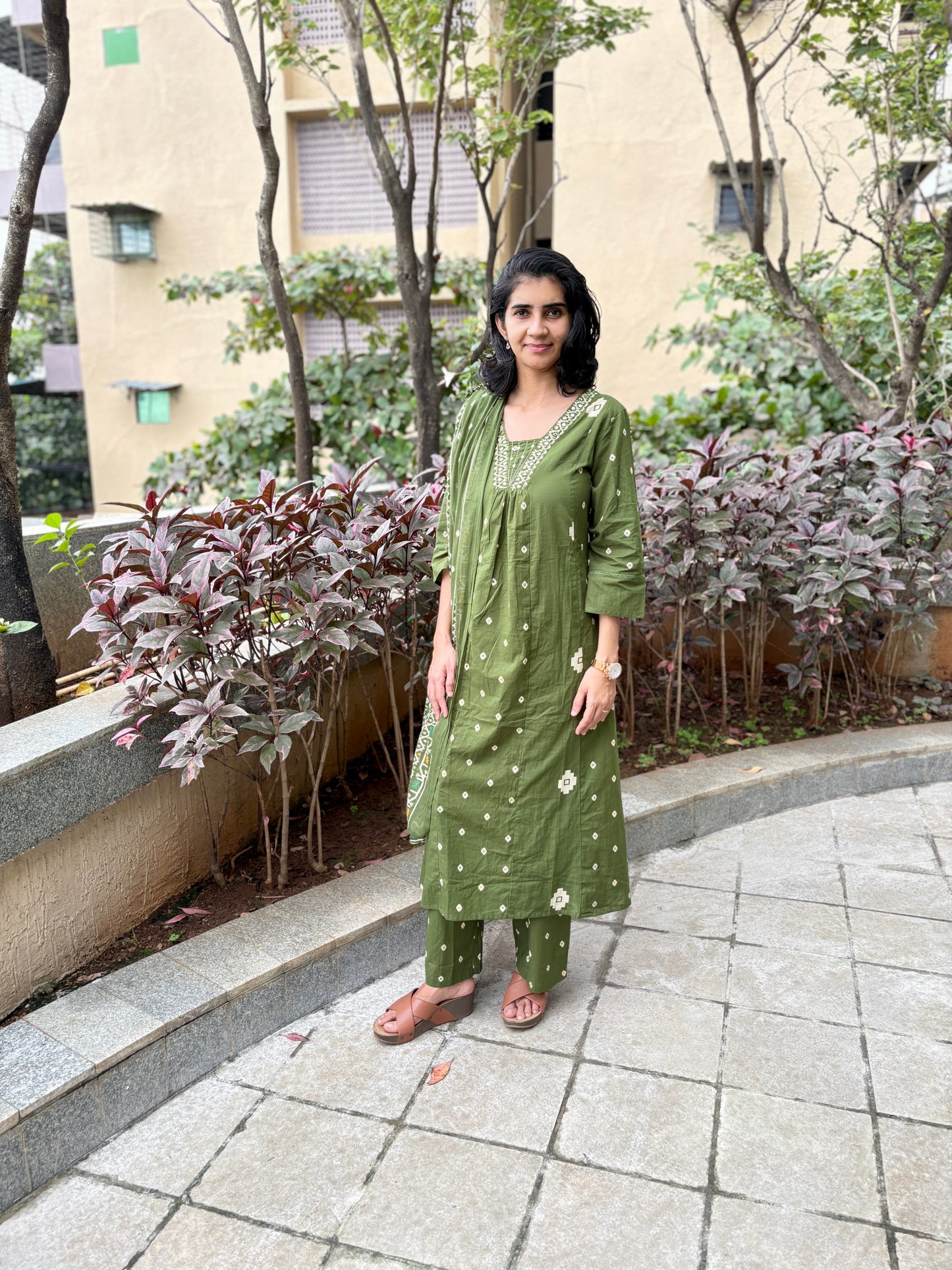 Yami Green Cotton A Line Suit Set