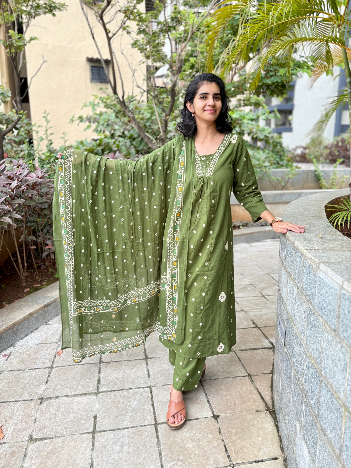 Yami Green Cotton A Line Suit Set