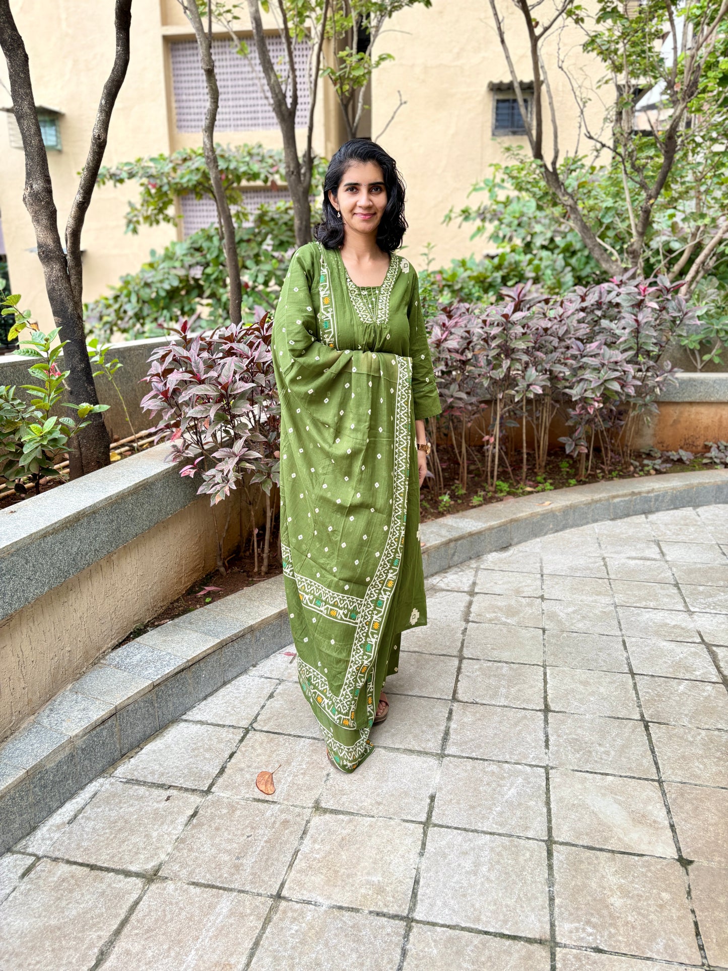 Yami Green Cotton A Line Suit Set