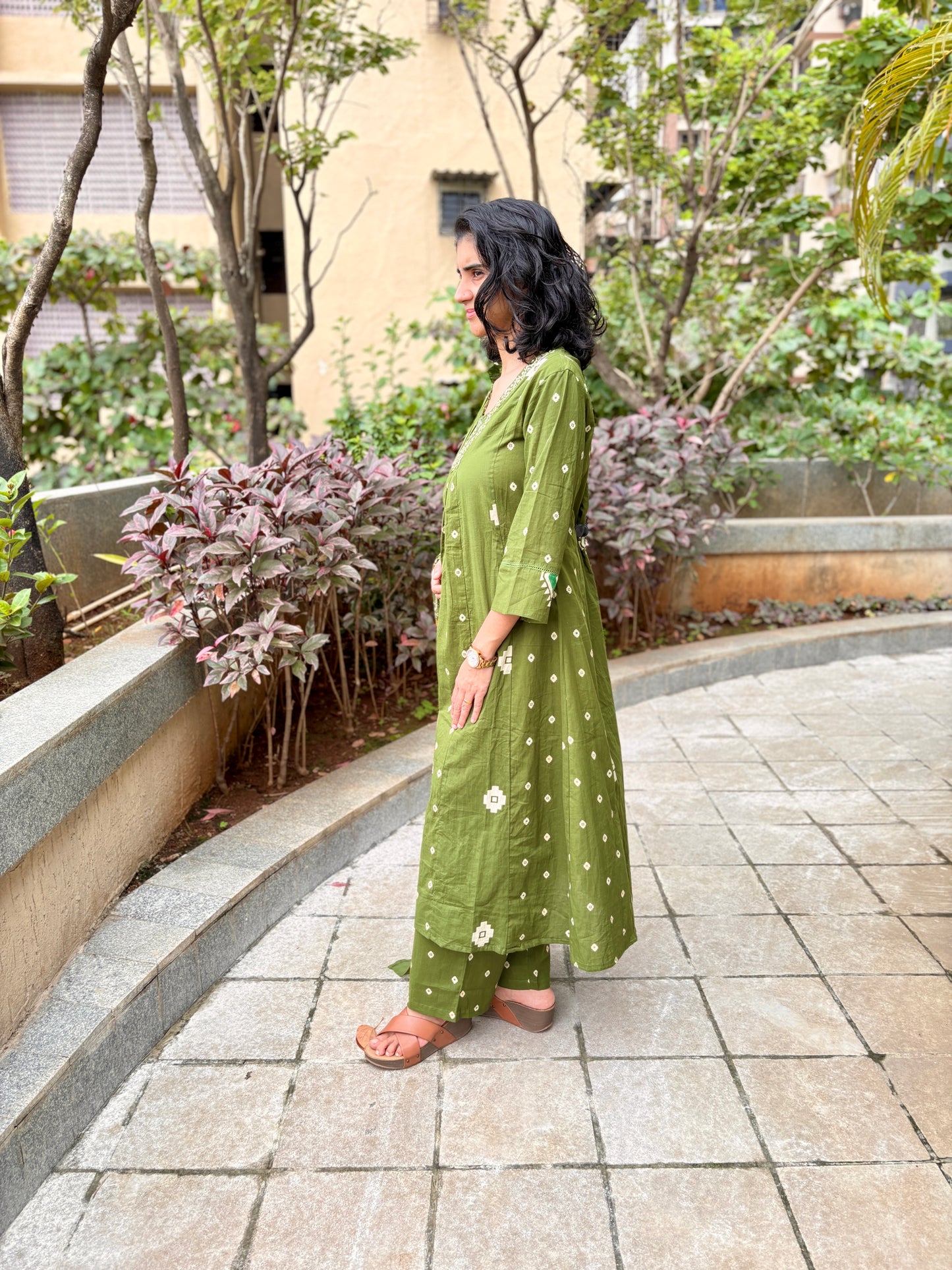 Yami Green Cotton A Line Suit Set