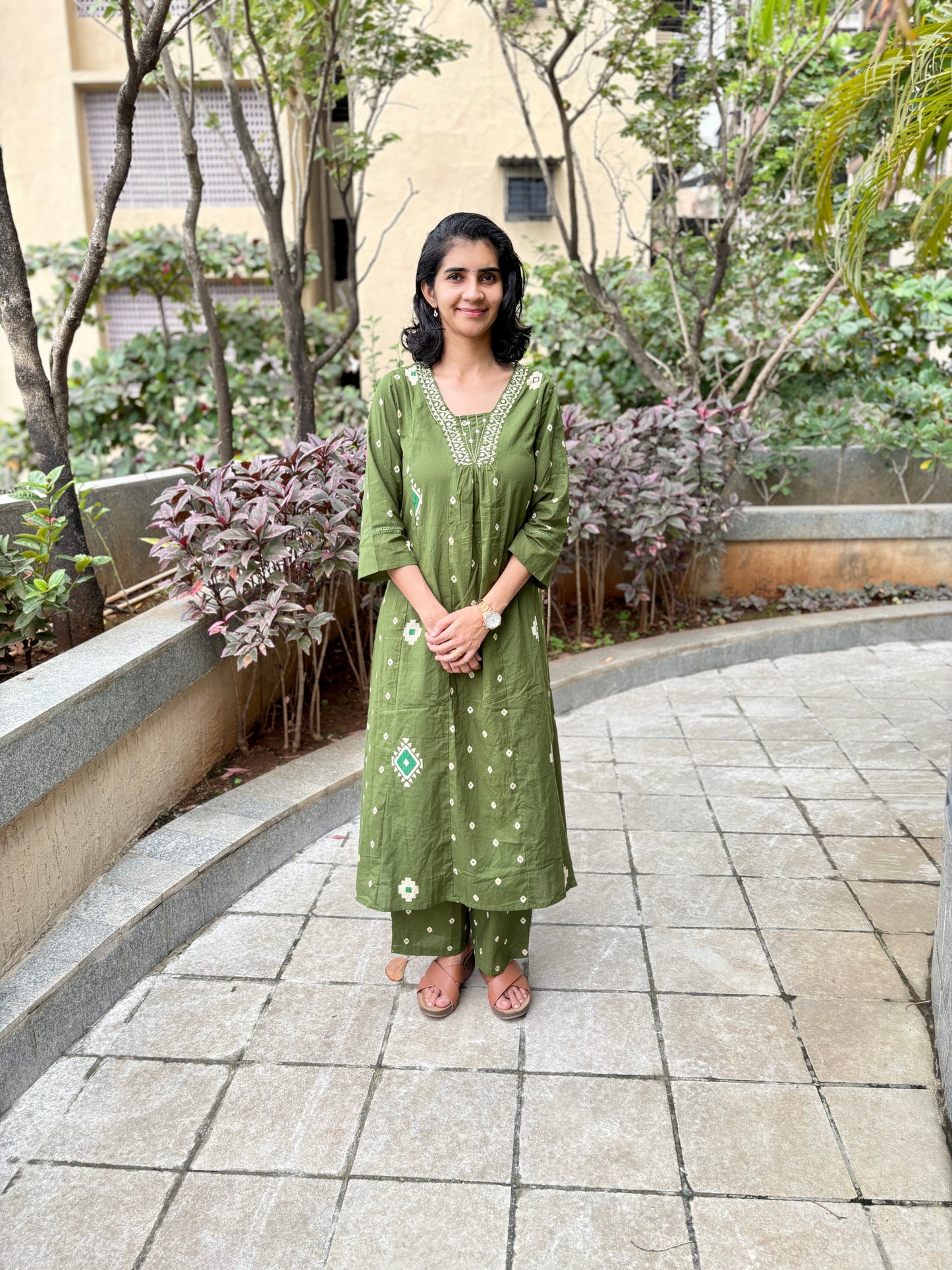 Yami Green Cotton A Line Suit Set