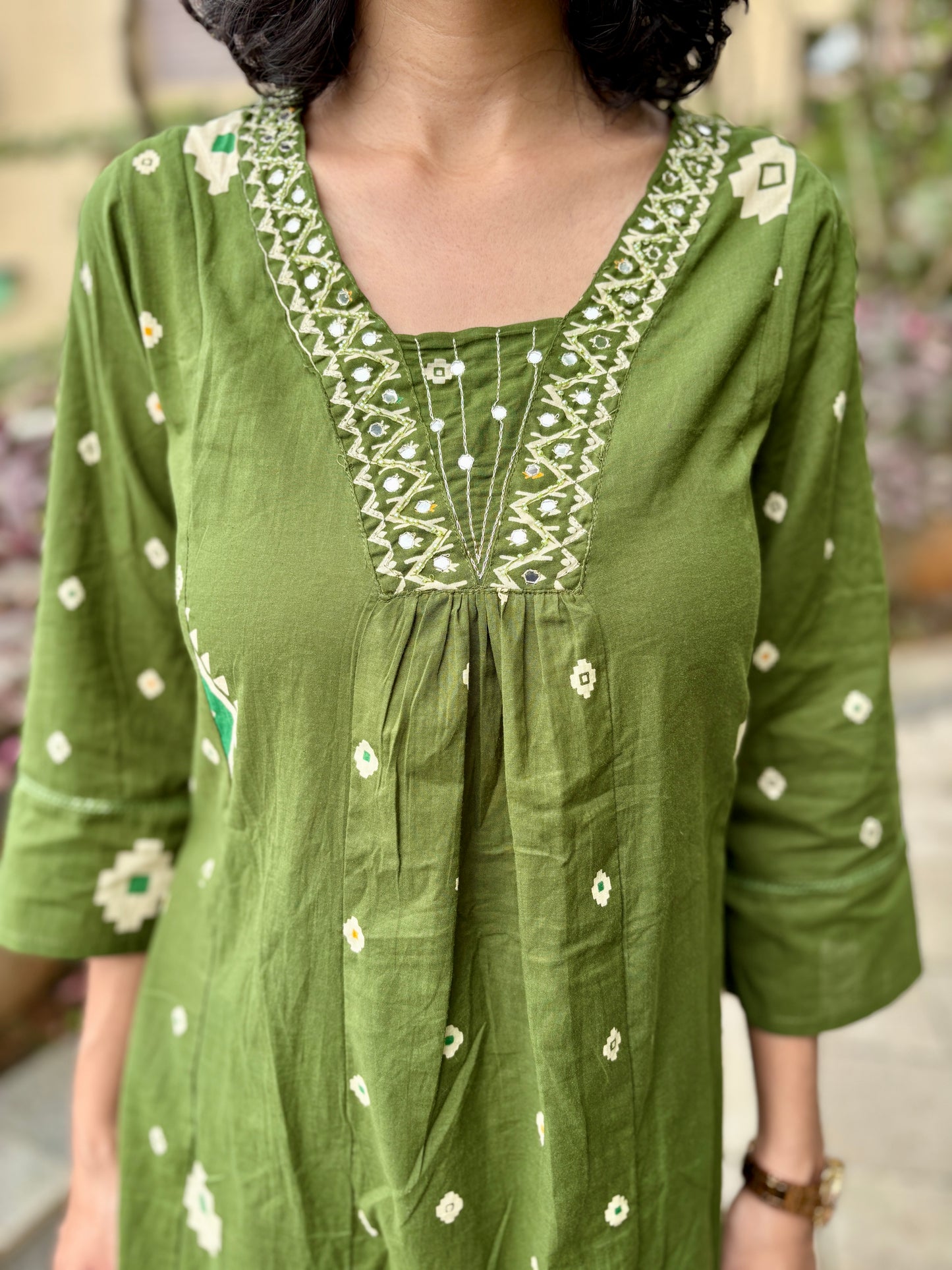Yami Green Cotton A Line Suit Set