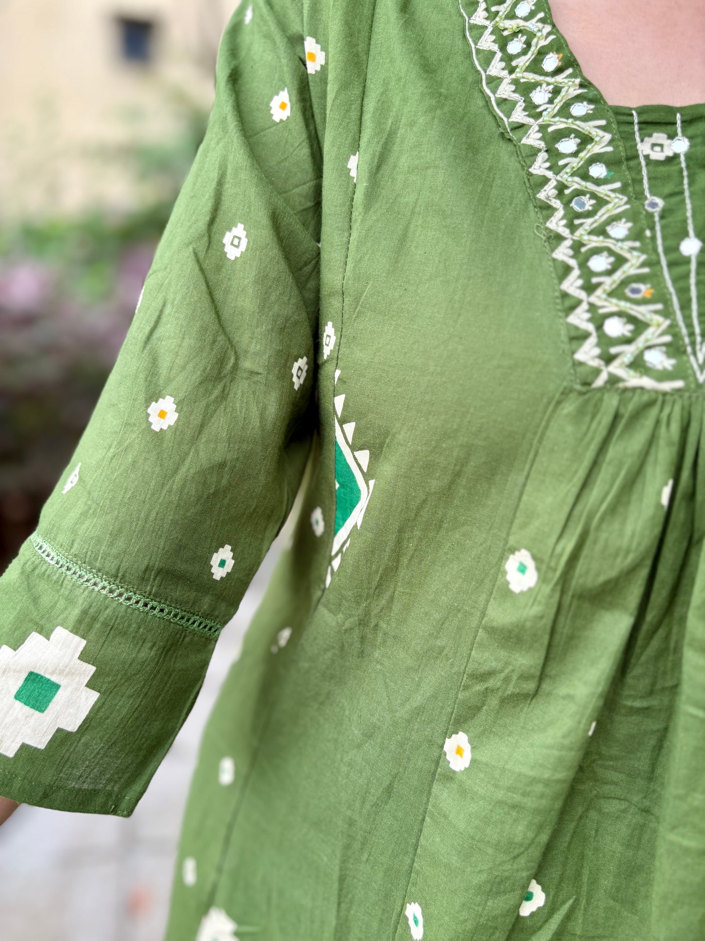 Yami Green Cotton A Line Suit Set