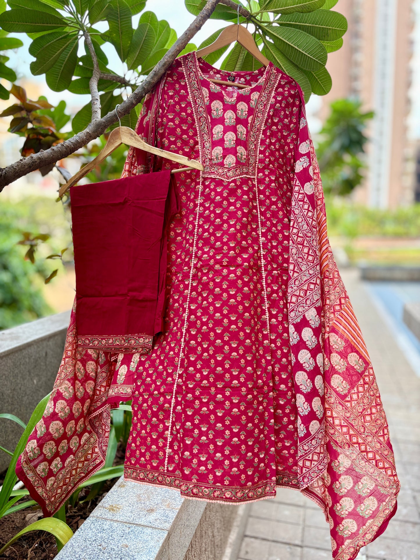 Hania Red Premium Cotton Handblock Printed Suit Set