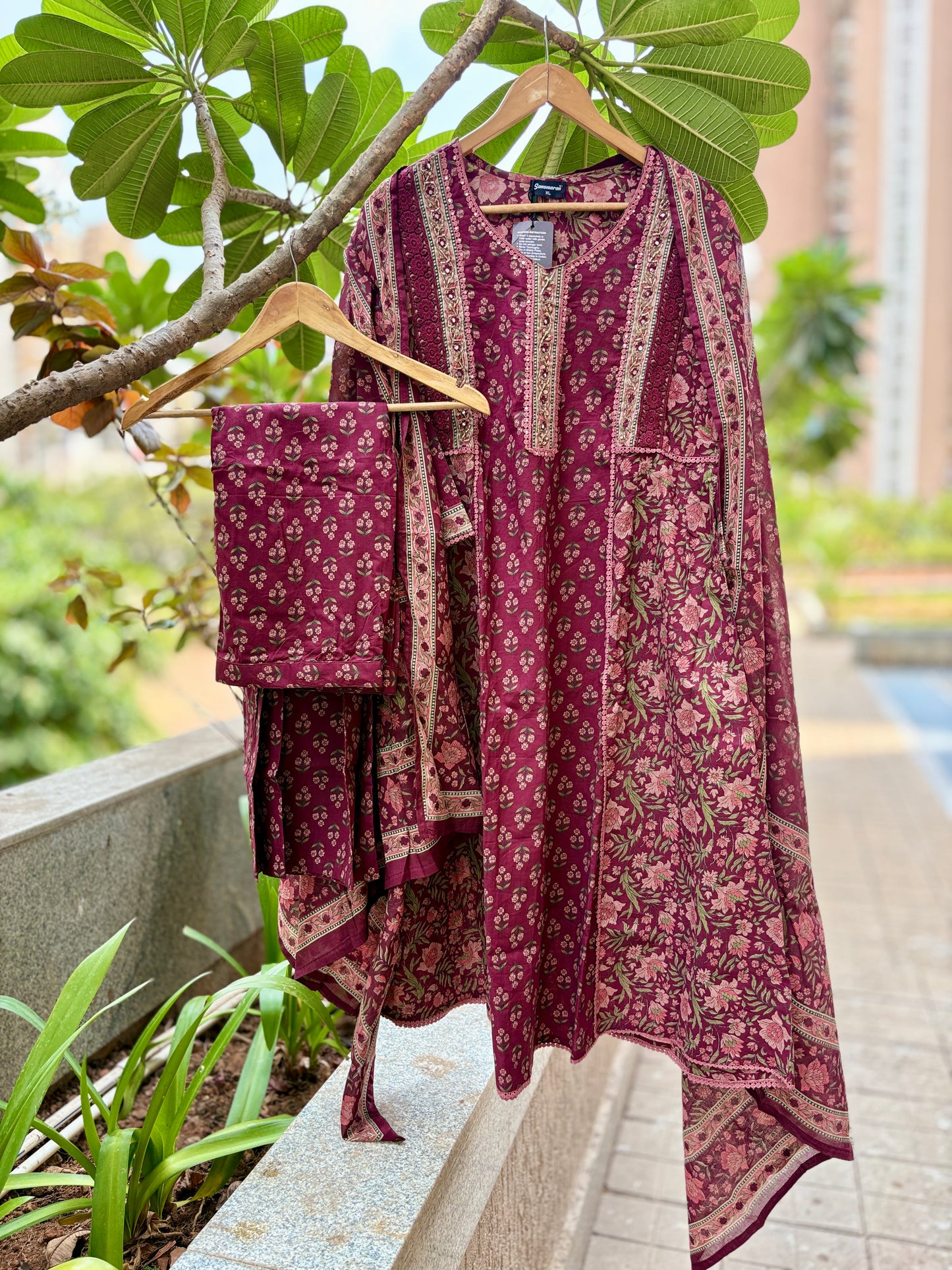 Chhavi Wine Cotton A Line Suit Set