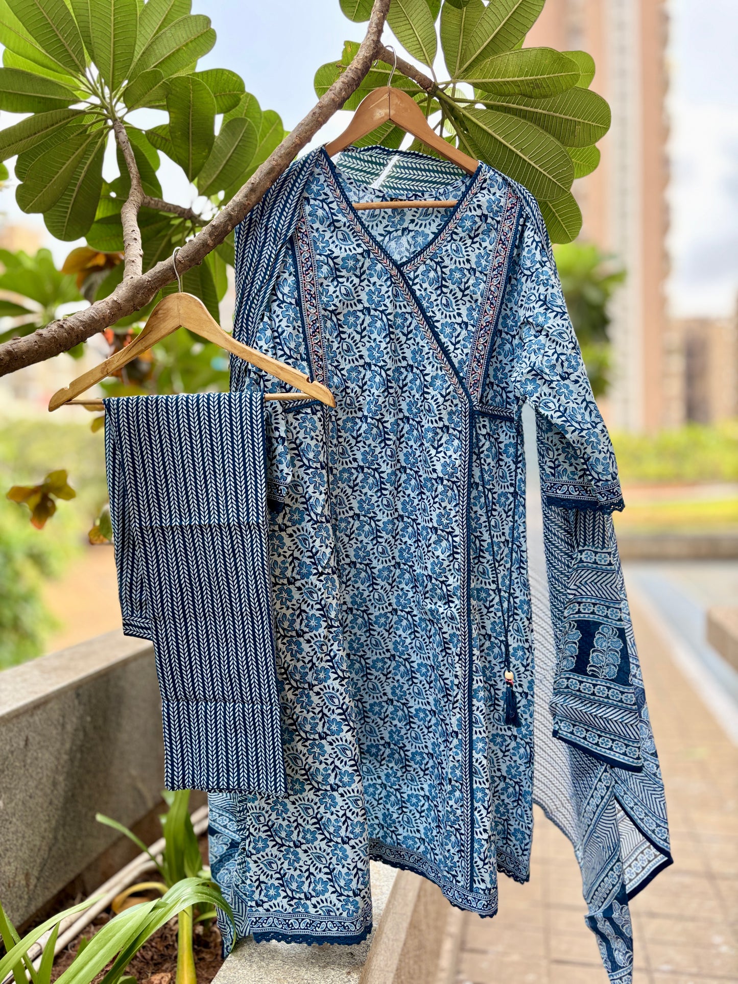 Maya Indigo Blue Cotton A Line Suit Set For Women