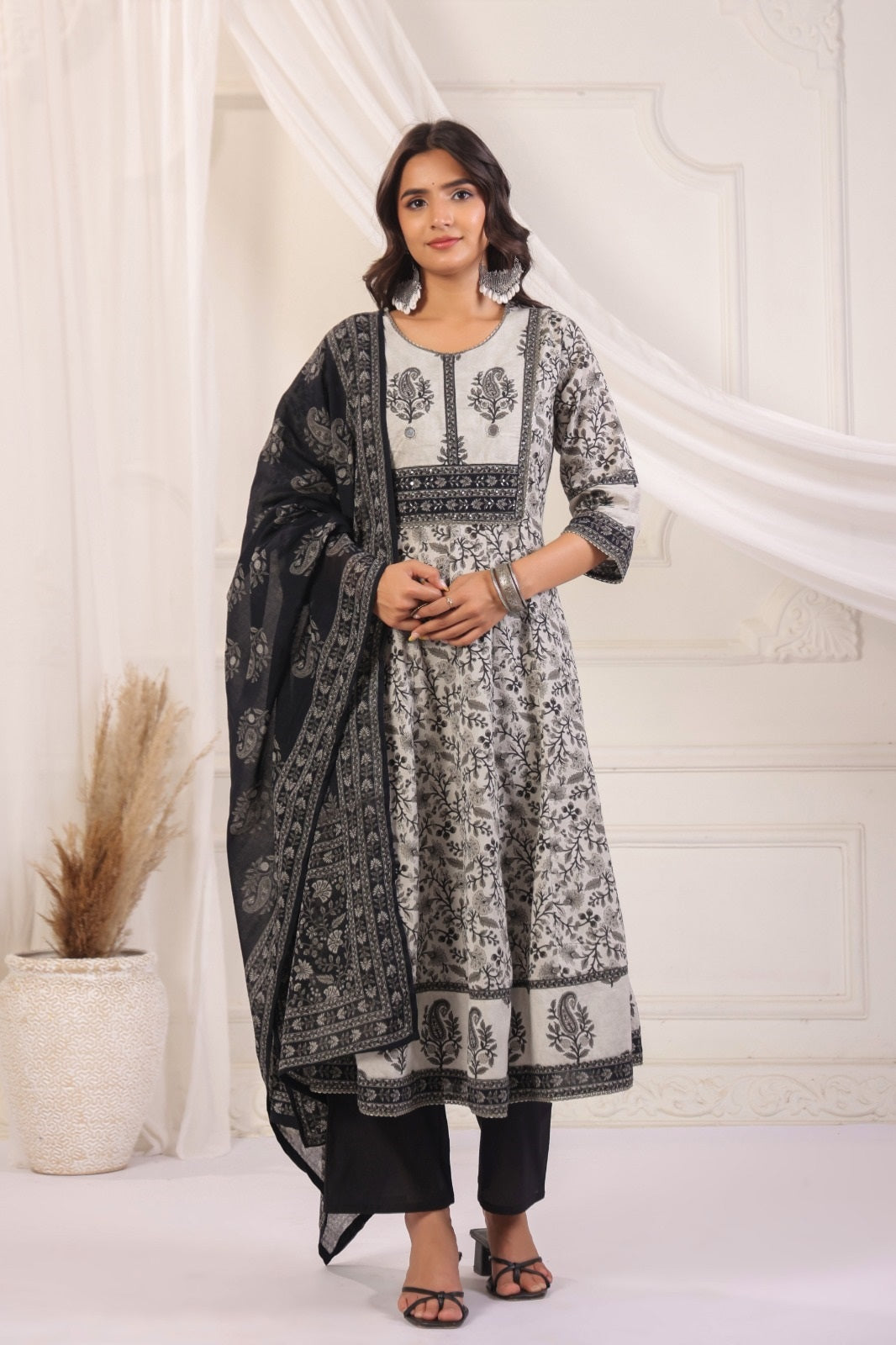 Yuvika Grey Cotton Anarkali Suit Set For Women