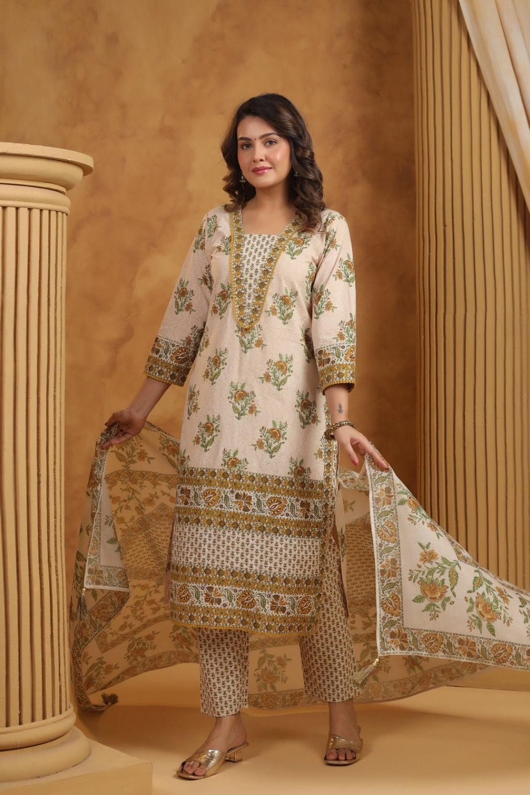 Shrija Green & Mustard Premium Cotton Handblock Printed Suit Set