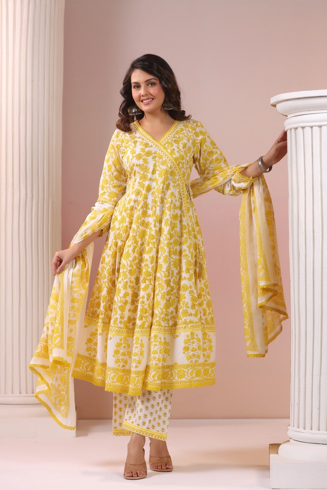 Trishala Yellow Cotton Anarkali Suit Set
