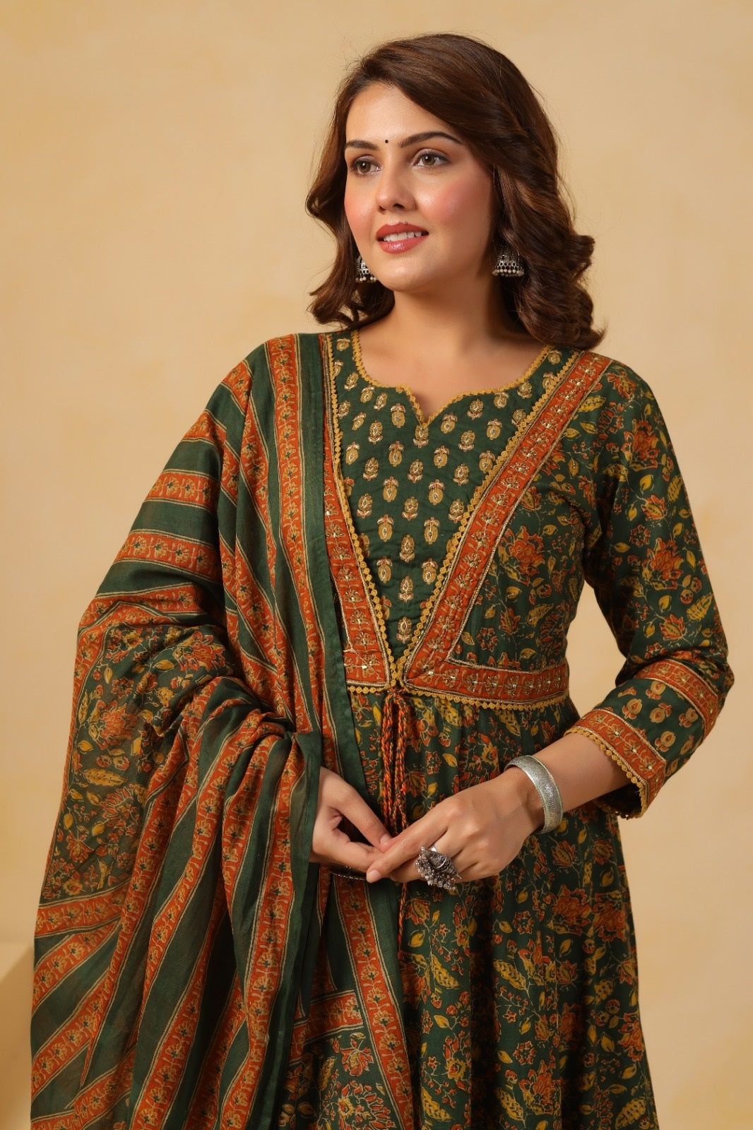 Zohra Green Premium Cotton Anarkali Suit Set