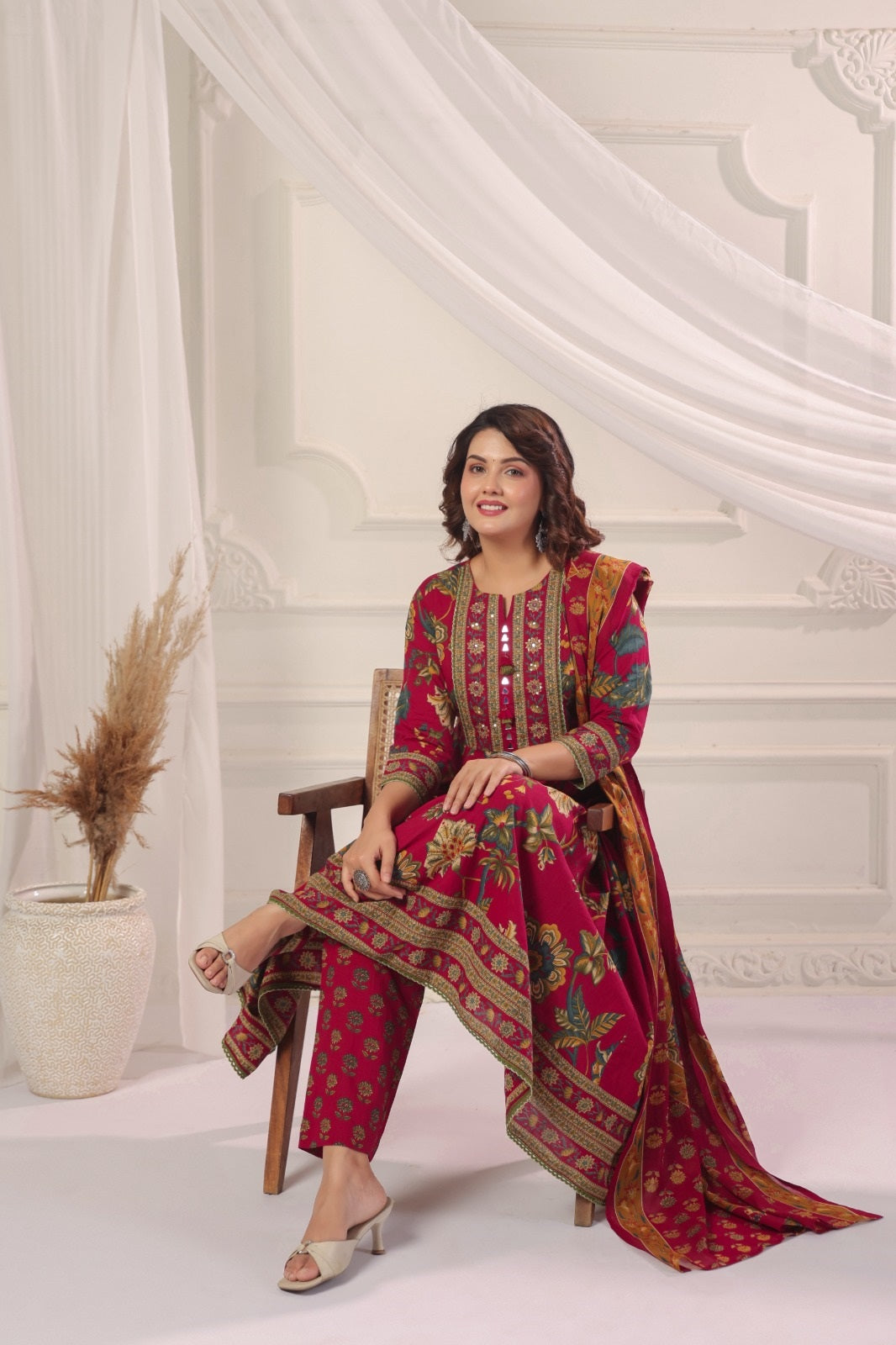 Rukmini Red Cotton Anarkali Suit Set For Women