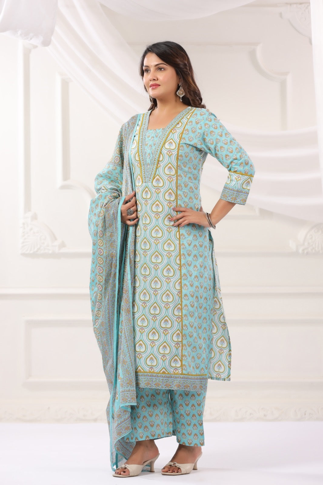 Kavya Aqua Blue Cotton Suit Set For Women