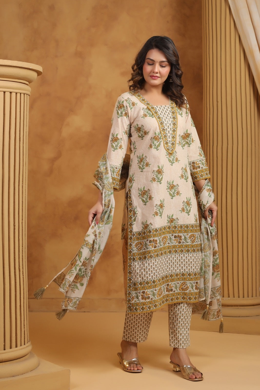 Shrija Green & Mustard Premium Cotton Handblock Printed Suit Set