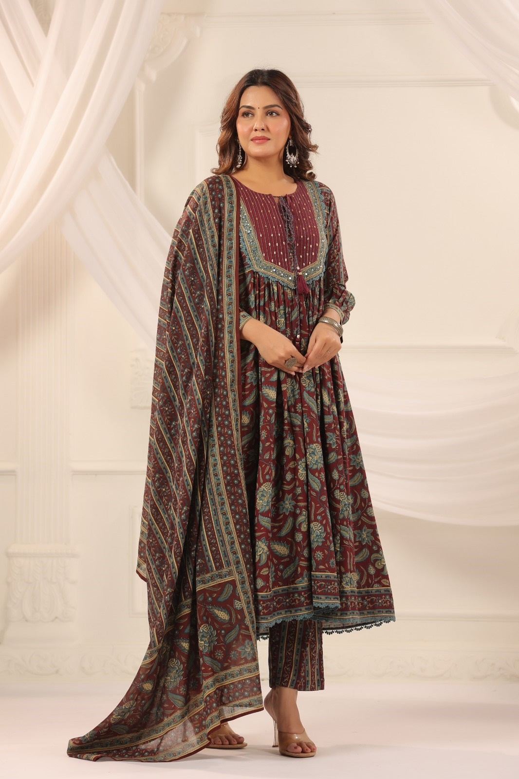 Ruhi Wine Cotton Anarkali Suit Set