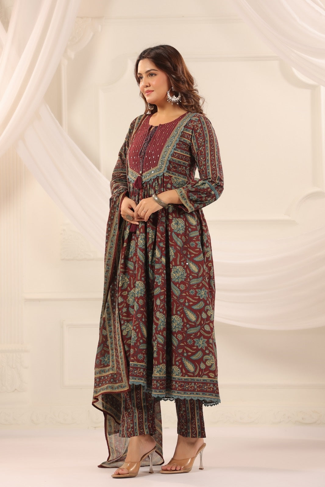 Ruhi Wine Cotton Anarkali Suit Set