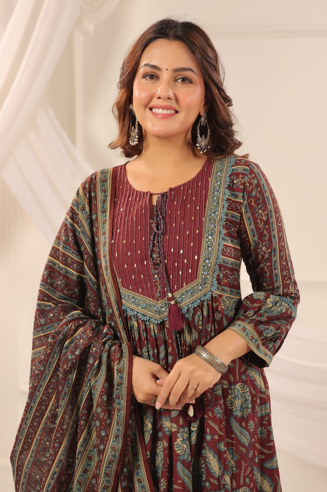 Ruhi Wine Cotton Anarkali Suit Set