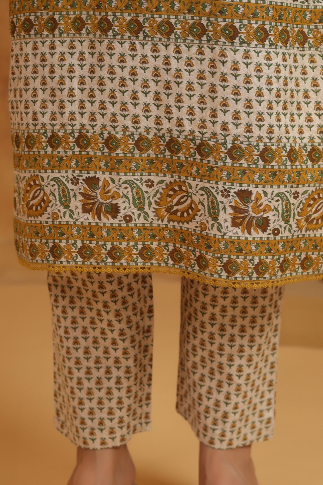 Shrija Green & Mustard Premium Cotton Handblock Printed Suit Set