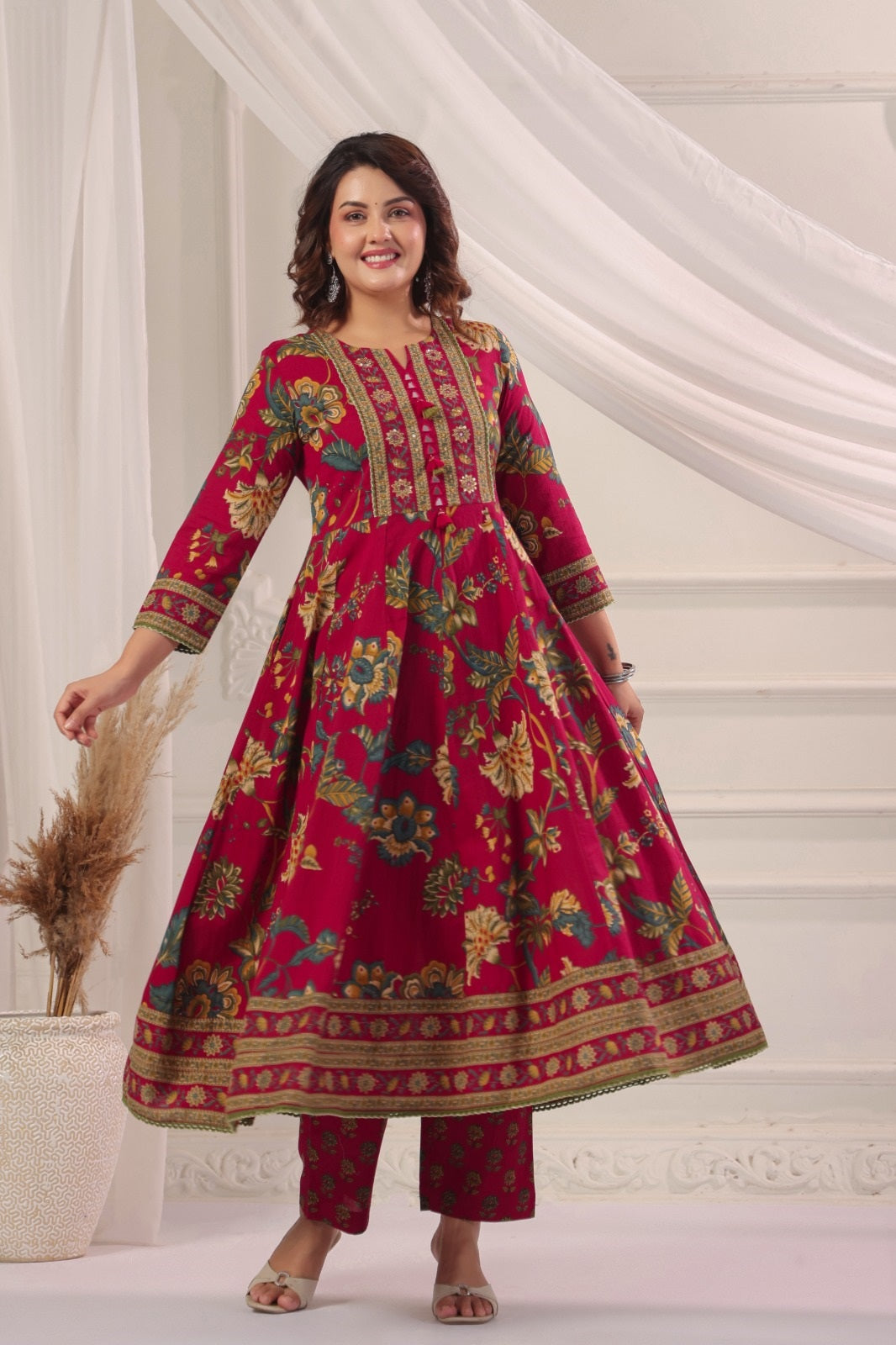Rukmini Red Cotton Anarkali Suit Set For Women