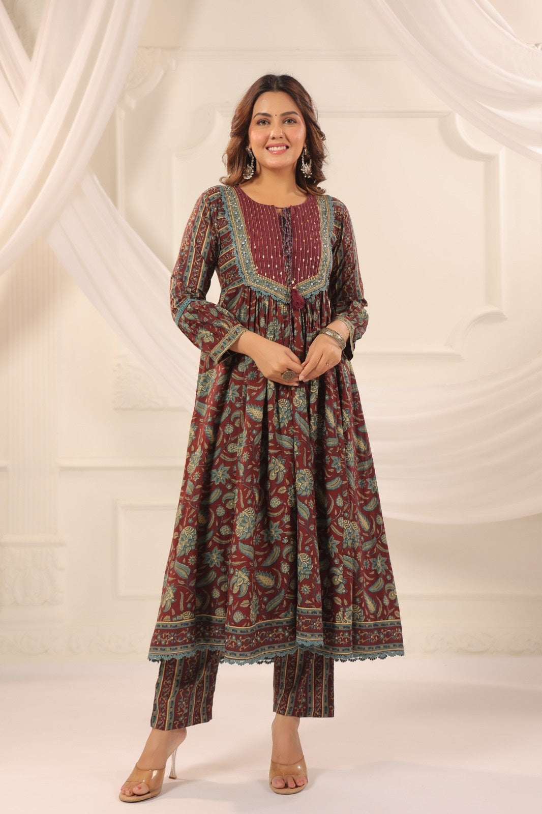 Ruhi Wine Cotton Anarkali Suit Set