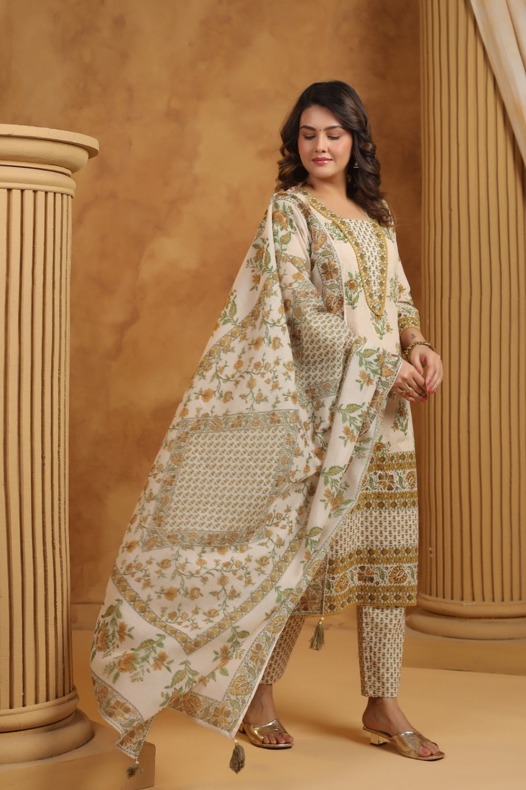 Shrija Green & Mustard Premium Cotton Handblock Printed Suit Set