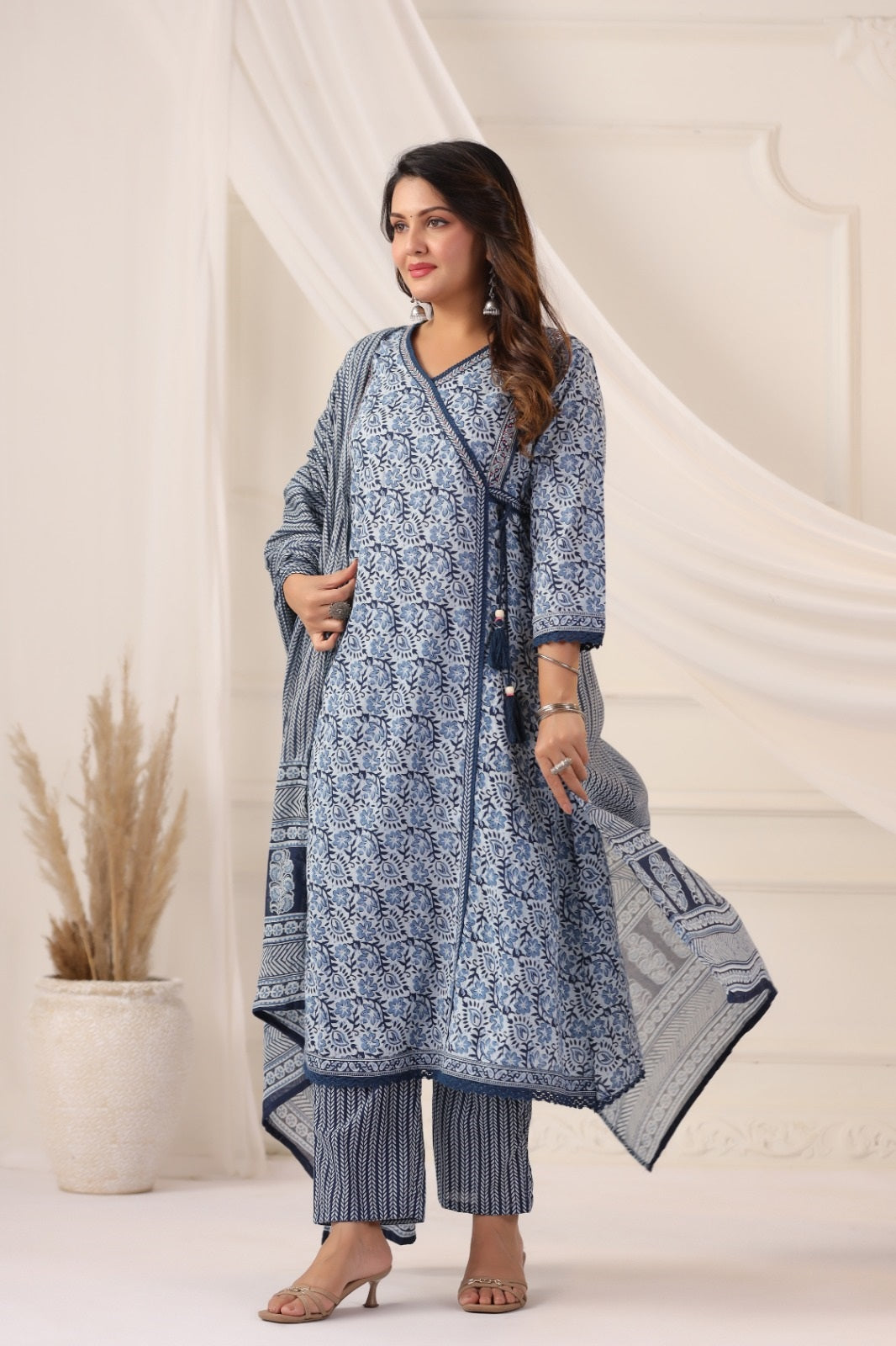 Maya Indigo Blue Cotton A Line Suit Set For Women