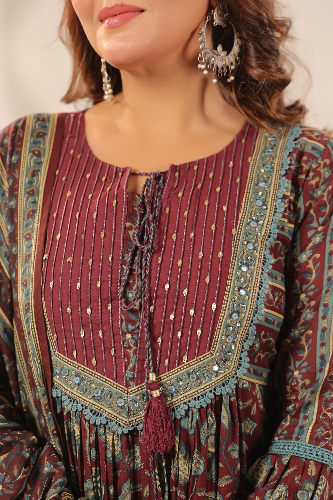 Ruhi Wine Cotton Anarkali Suit Set
