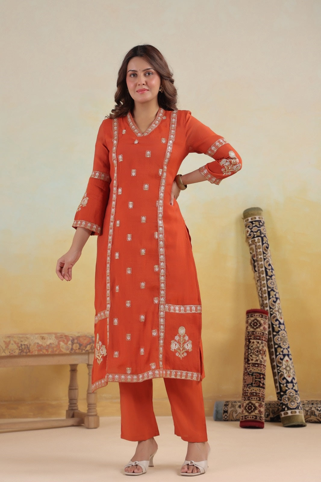 Ruhaani Rust Mul Chanderi Kurta Set With Jari Embroidery & Lining