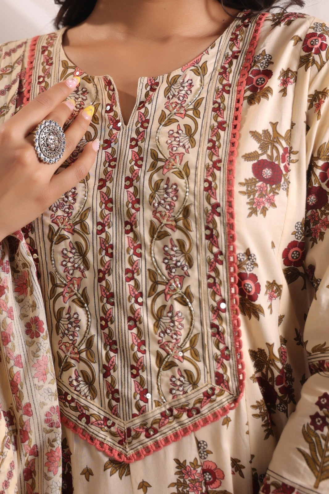 Ramya Beige Maroon Cotton Anarkali Suit Set For Women