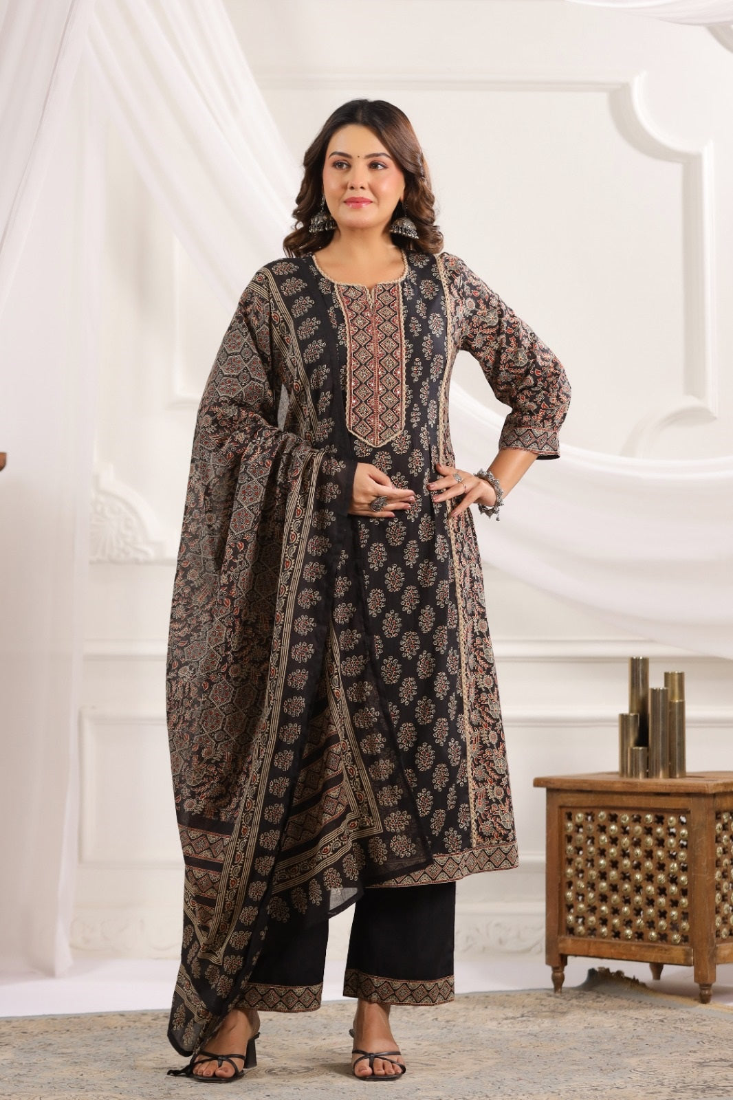 Indira Black Cotton A Line Suit Set
