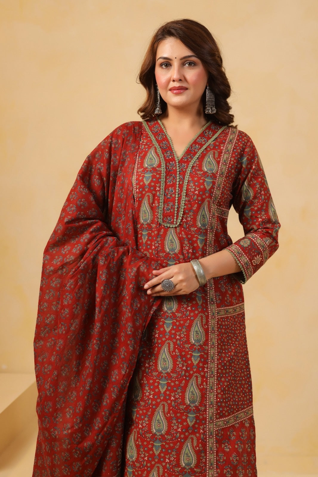 Bhagya Maroon Cotton Suit Set For Women