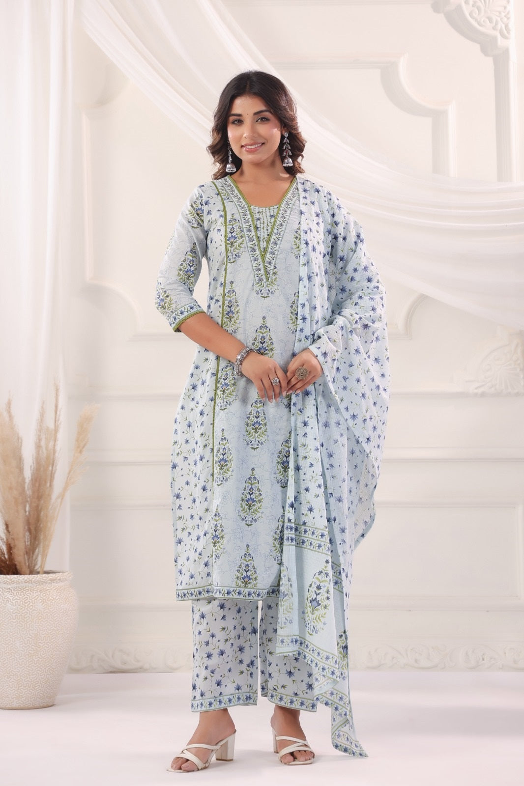 Riddhi Blue Cotton Salwar Suit Set For Women
