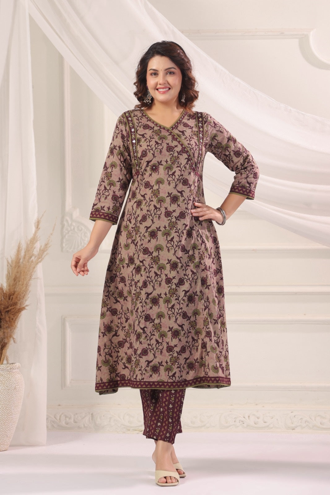Madhavi Wine Cotton A Line Suit Set For Women