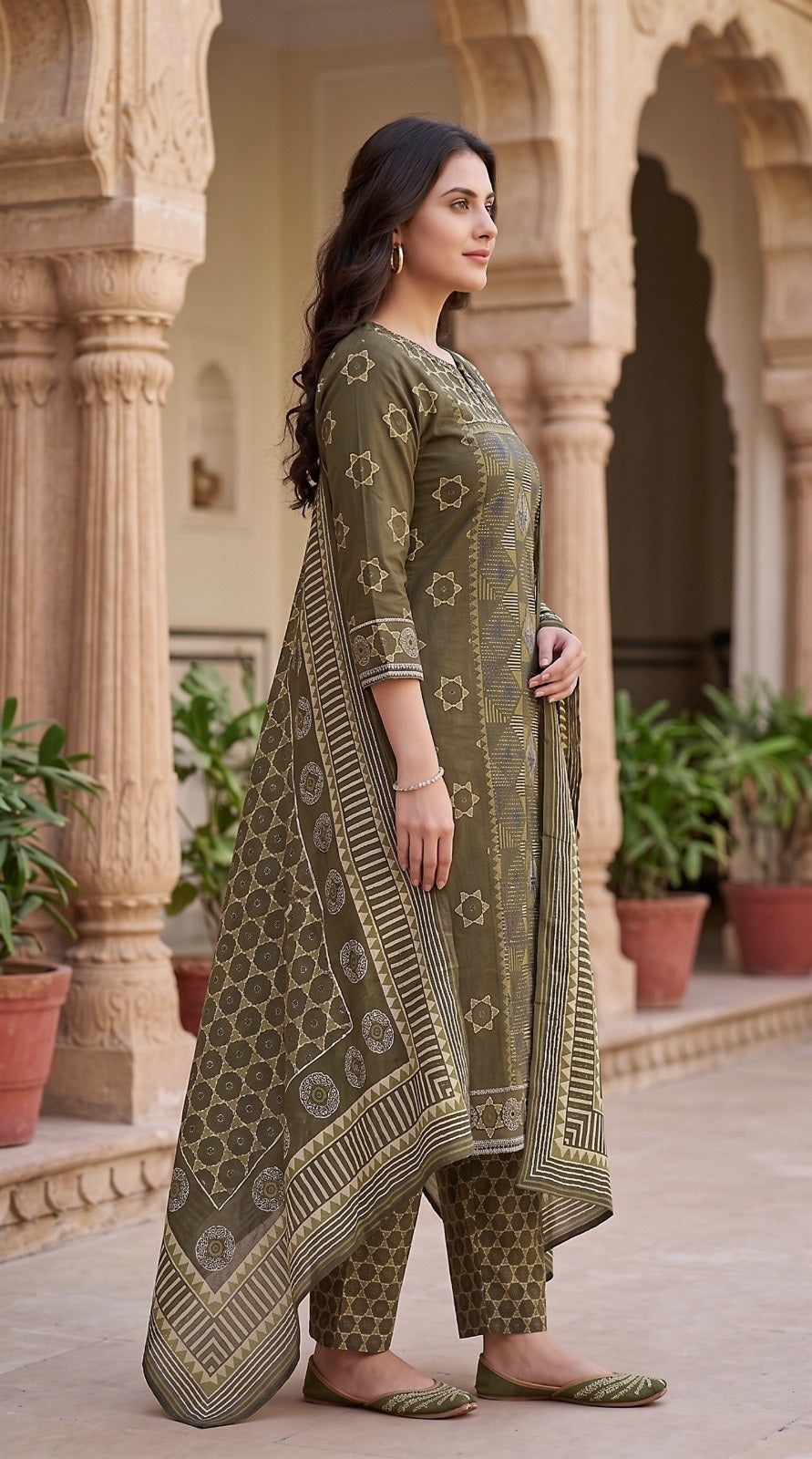 Sanika Green Premium Cotton Straight Salwar Suit Set For Women
