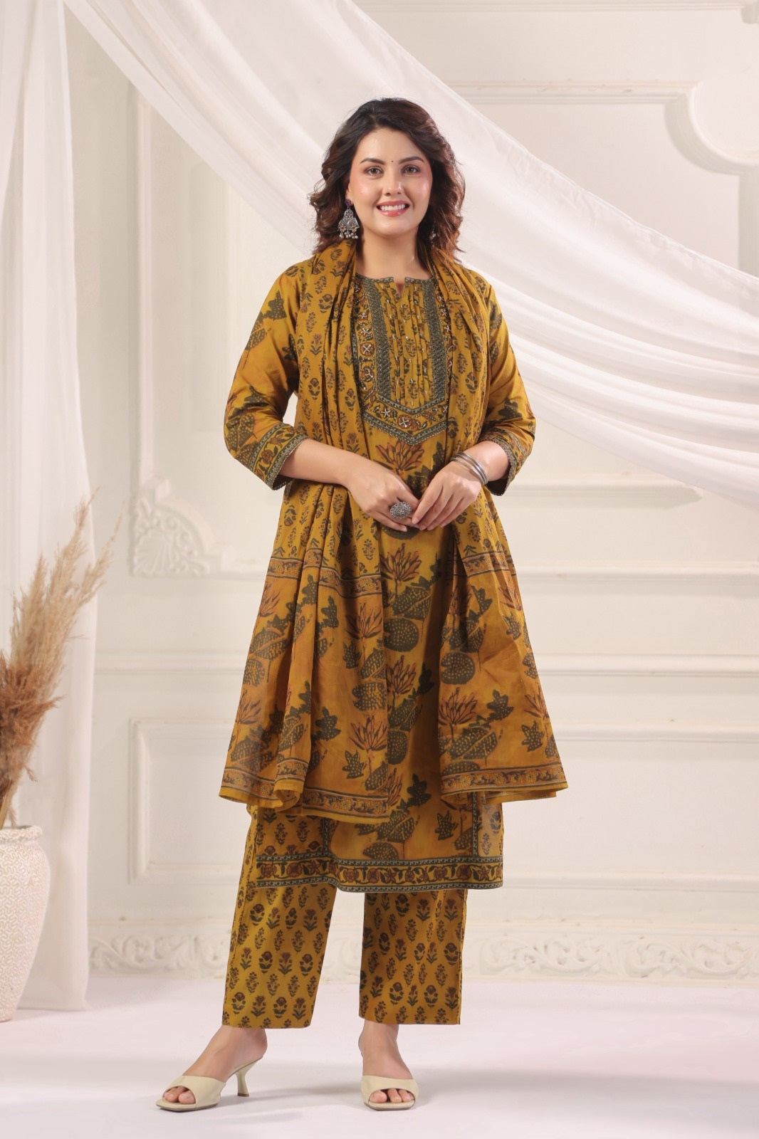 Amani Mustard Cotton Straight Suit Set For Women