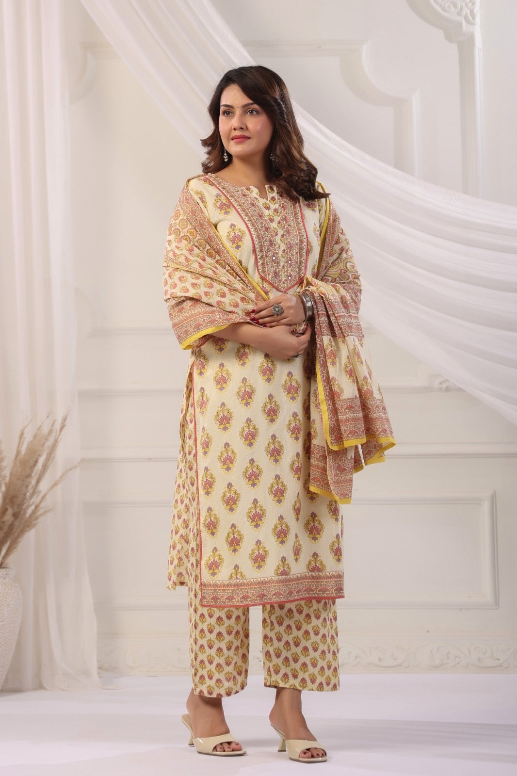 Arya Yellow Cotton Straight Suit Set For Women